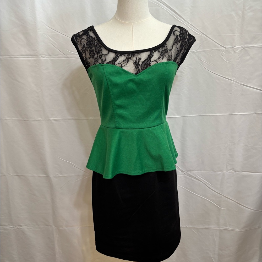 Y2K Delirious LA Green Lace‎ Peplum Bodycon Dress Small